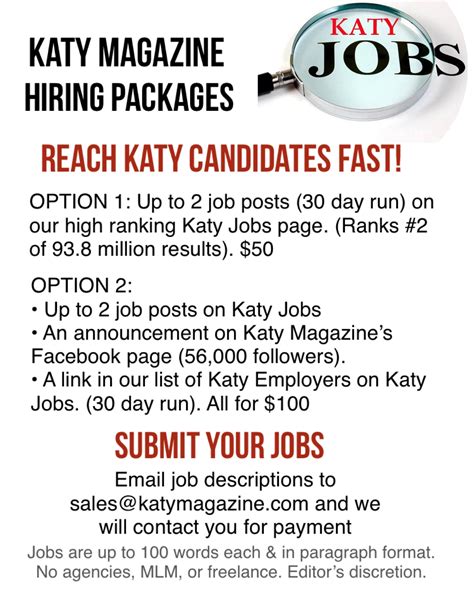 Monday to Friday 2. . Katy jobs hiring